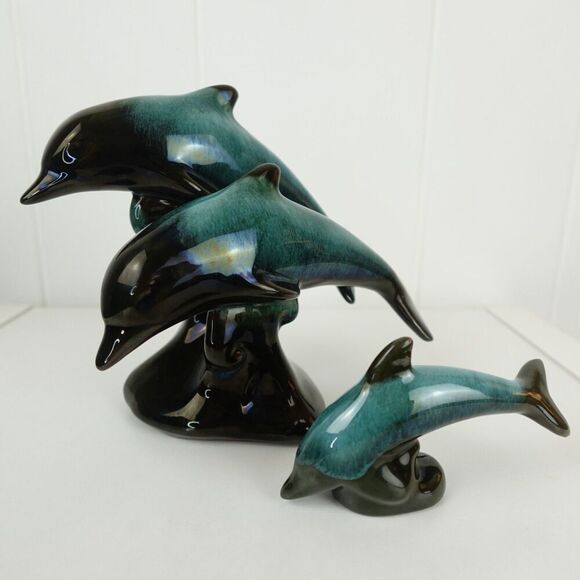 Blue Mountain Pottery Dolphins Jumping on Wave Crest + Single Dolphin Figurines - Picture 1 of 13